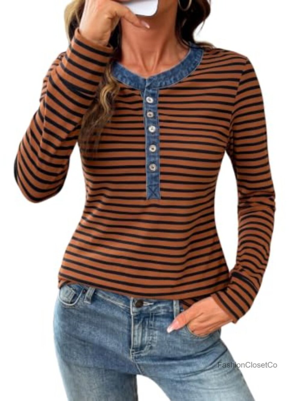 Women's Long Sleeve Button Down Striped Blouse, Loose Fit, Lightweight